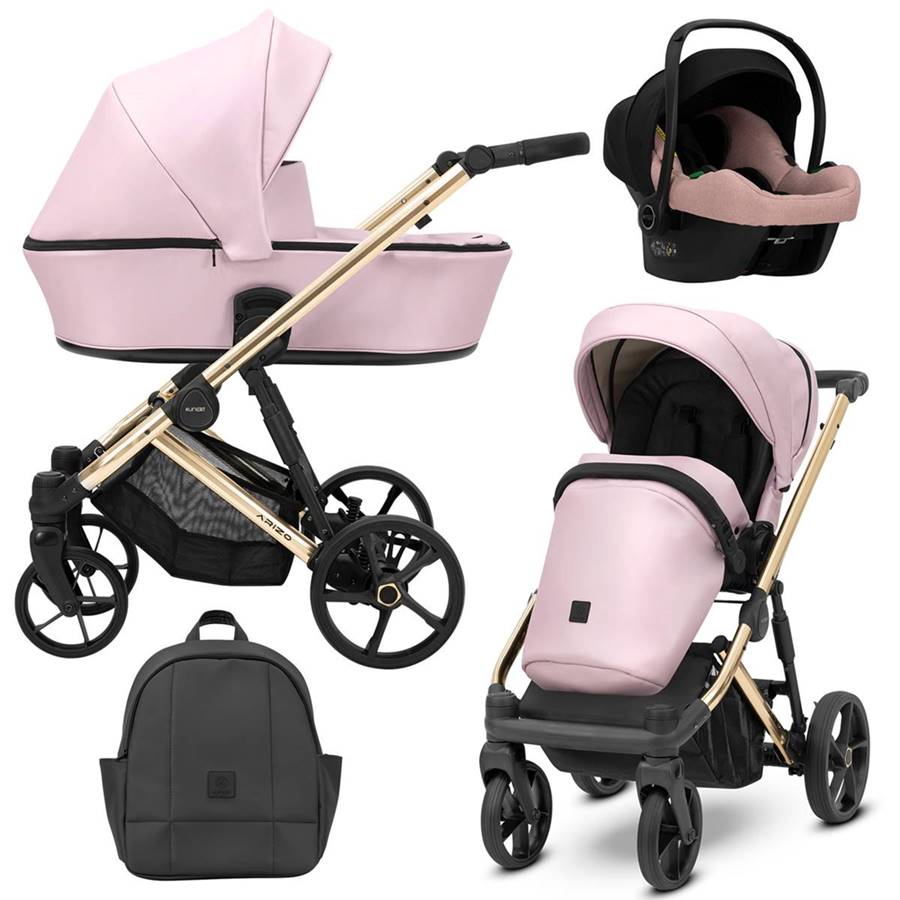 Wózek 3w1 dla dziewczynki Kunert Arizo 15 w kolorze Baby Pink Eco skóra z fotelikiem Cosmo, elegancki i funkcjonalny wybór.